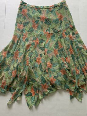 Sarah Arizona Women’s Floral Handkerchief Hem Midi Skirt Green Orange Size S